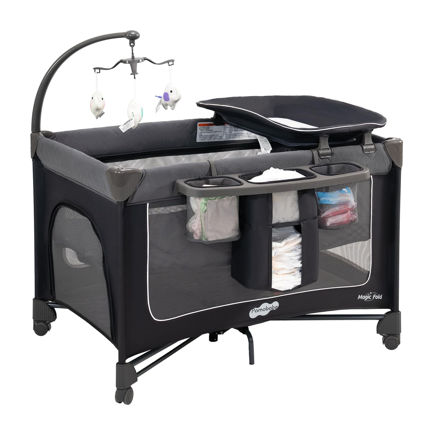 Pamo Babe Magic Fold Pack and Play with Bassinet 1 Step Set Foldable Playards Baby Playard with Changing Table Portable Playpen with Zip Door