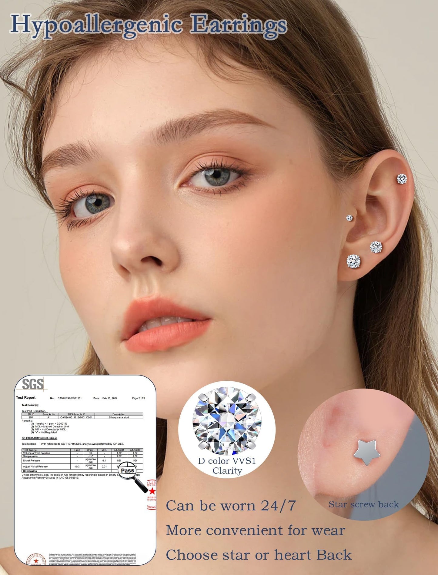 Limerencia Moissanite Stud Earrings for Women Men, F136 Hypoallergenic Titanium Earrings for Sensitive Ears, 18K White Gold Plated Star or Heart Flat Back, D Color VVS1 Clarity, GRA Certificate