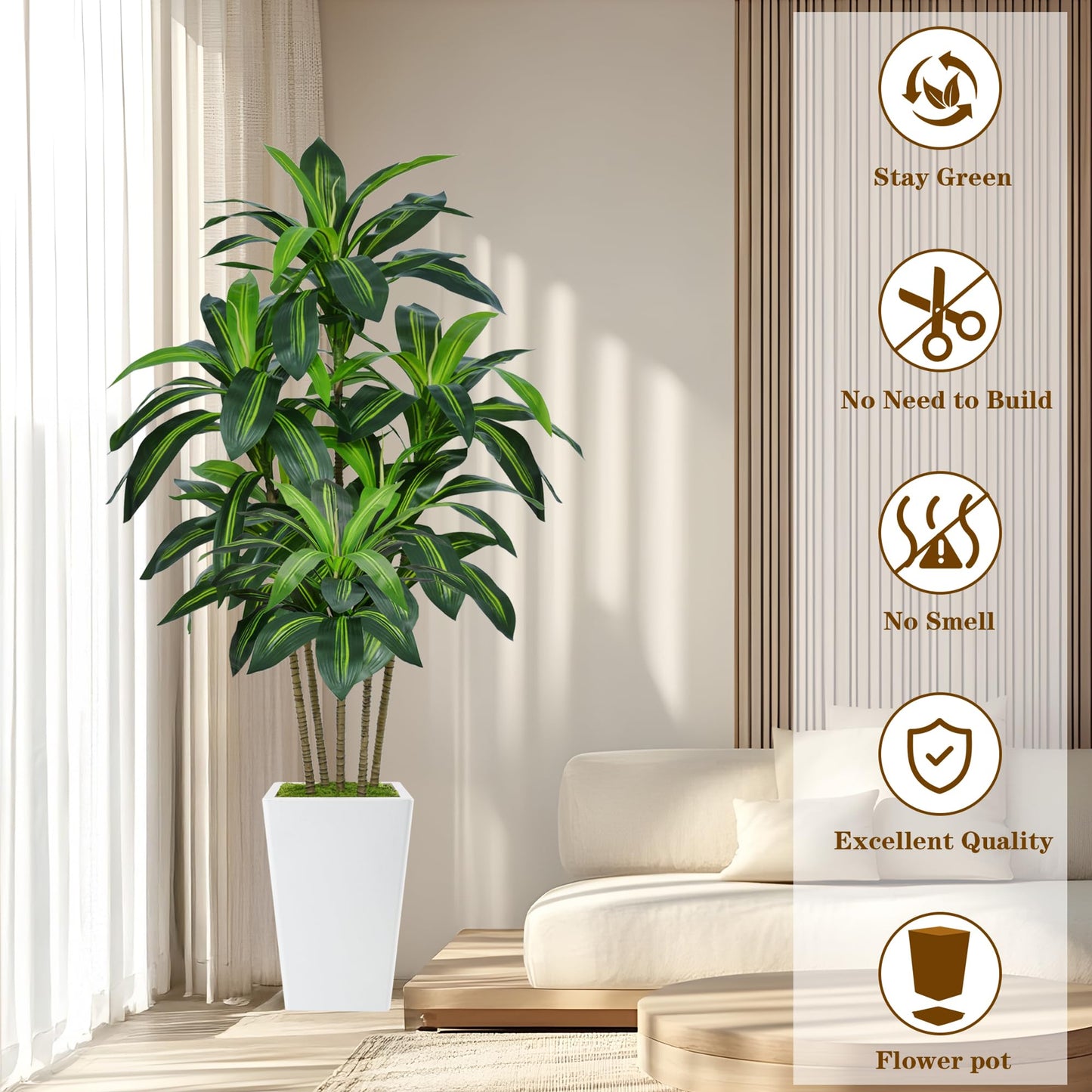 6FT Artificial Dracaena Tree, Fake Tree Indoor with White Tall Planter,Tall Artificial Plants Indoor,Artificial Silk Tree for Home Office Decor (White)