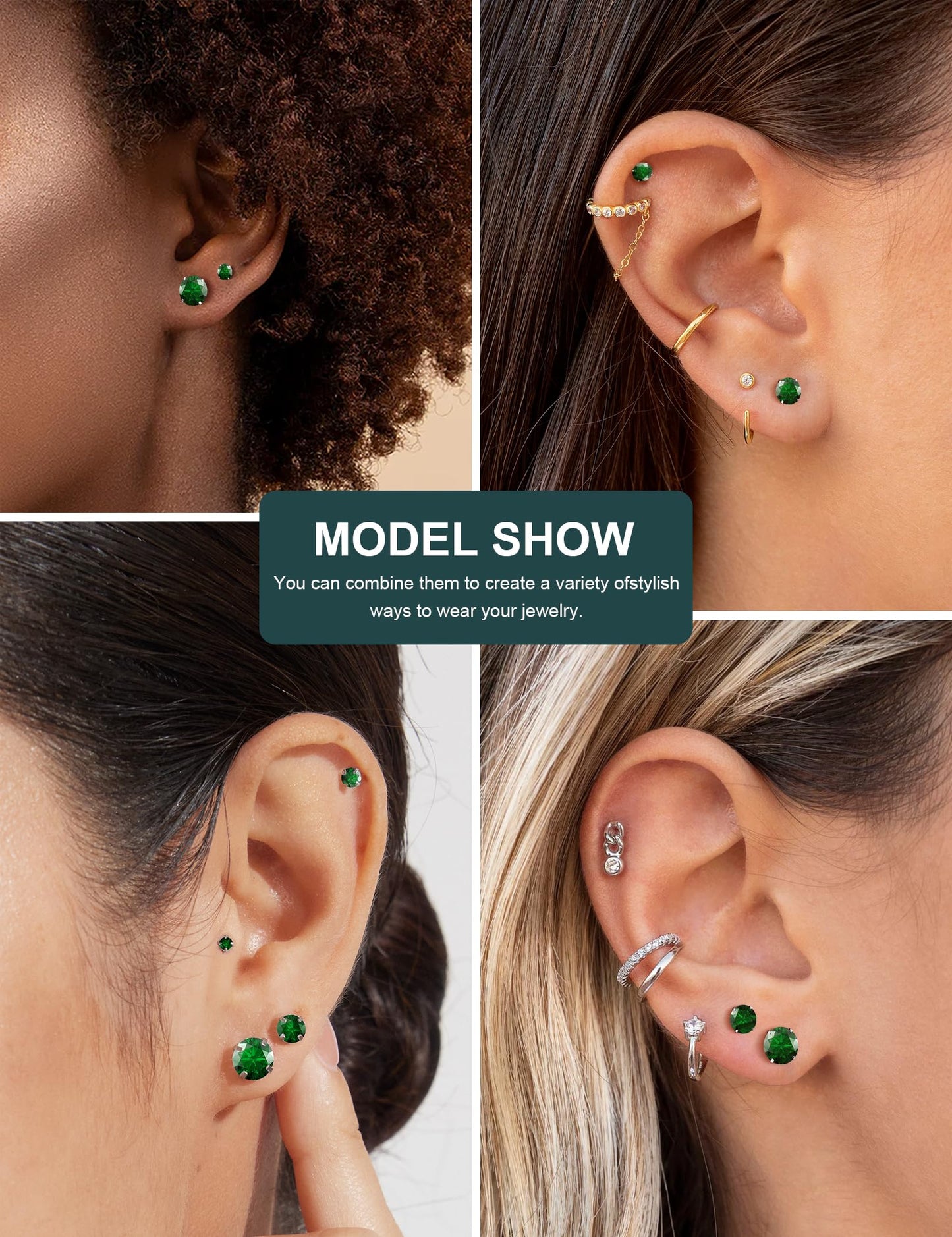 6 Pairs Stud Earrings Set Hypoallergenic Cubic Zirconia 316L Earrings Stainless Steel Earrings for Women (Green)