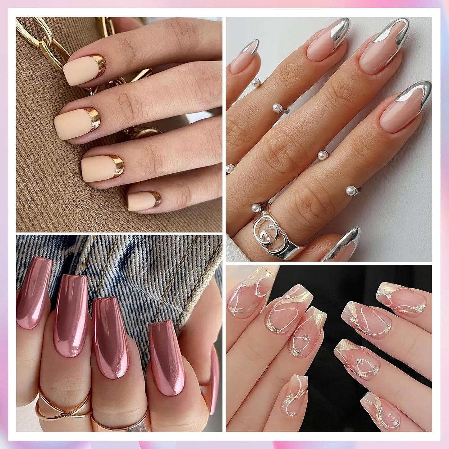 Gold Silver Chrome Nail Powder, 12 Colors Iridescent Holographic Unicorn Chrome Powder for Nails, Metallic Mirror Effect Rose Gold Champagne Nail Powder Pigment Glitter Foils Flakes Nail Art