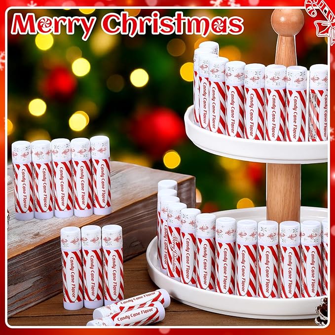 75 Pack Christmas Lip Balms Bulk Christmas Candy Peppermint Cane Scented Holiday Flavor Lip Balm Gifts Xmas Party Gifts Bulk Xmas Items Stocking Stuffers for Women Men Staff Employee (Candy)