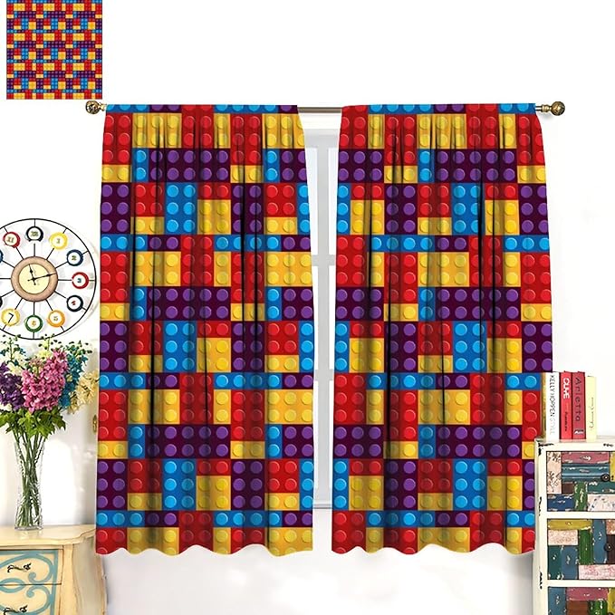Building Block Colored Curtains, Children's Themed Curtains Collection Building Block Patchwork Cartoon Print Curtains, Light Trim 2 Panel Set Rod Pockets 42x63in