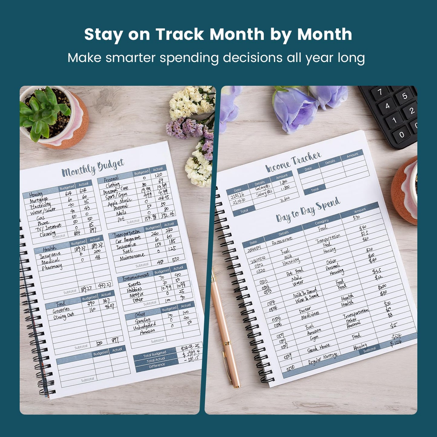 Soligt Budget Planner Monthly Budget Book Bill Organizer with 12 Pockets, Undated Home Financial Money Expense Saving Debt Tracker Notebook, 1 Year, Blue Floral, Spiral Design