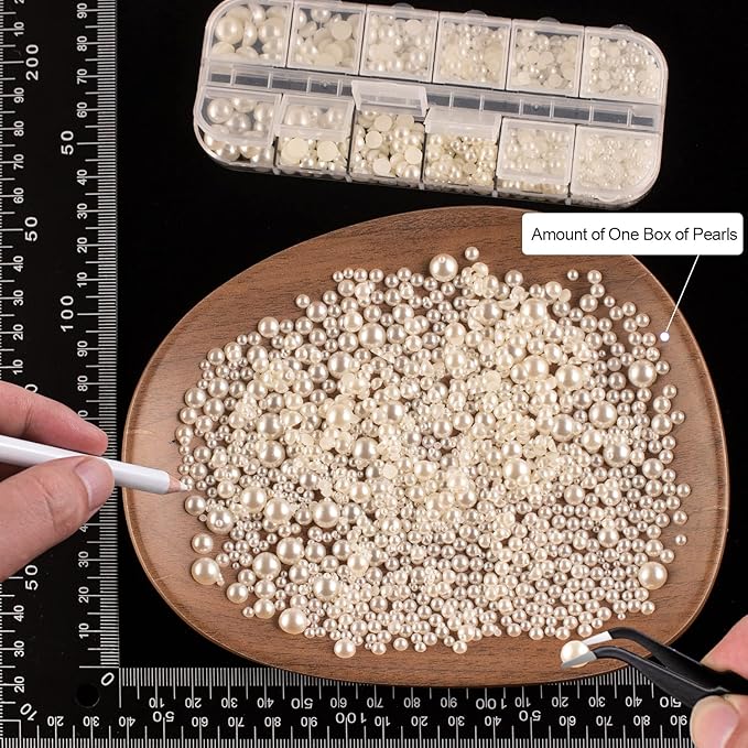 4000PCS Flatback Rhinestones and Half Round Pearls Kit #41, Multi Size Glass AB Crystals, Plastic Flat Back Beige Dome Bead with Pickup Pencil and Tweezer for Nail Art