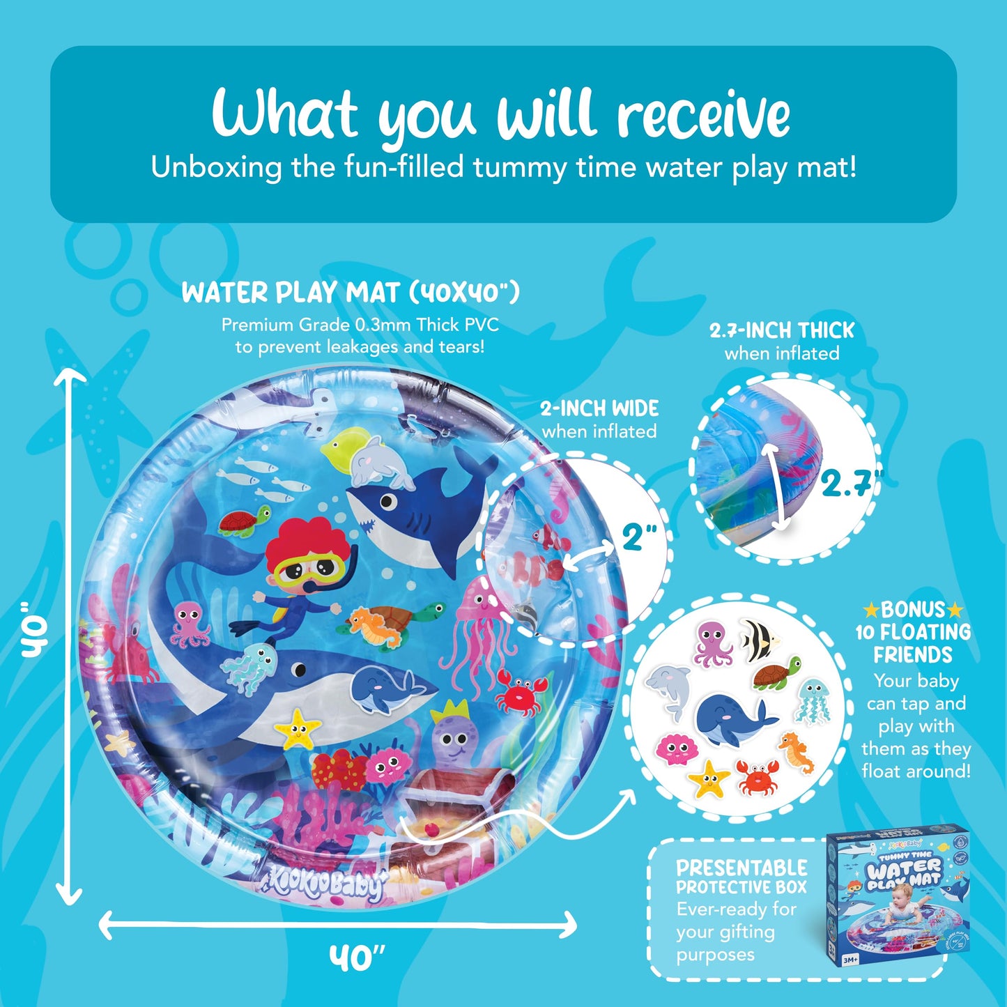 KooKooBaby Tummy Time Water Mat for Babies - Xtra Large Sensory Baby Water Mat for Tummy Time & Motor Development - Leak-Proof Water Pad, Durable Infant Water Play Mats for Baby Boys & Girls 3 Months+