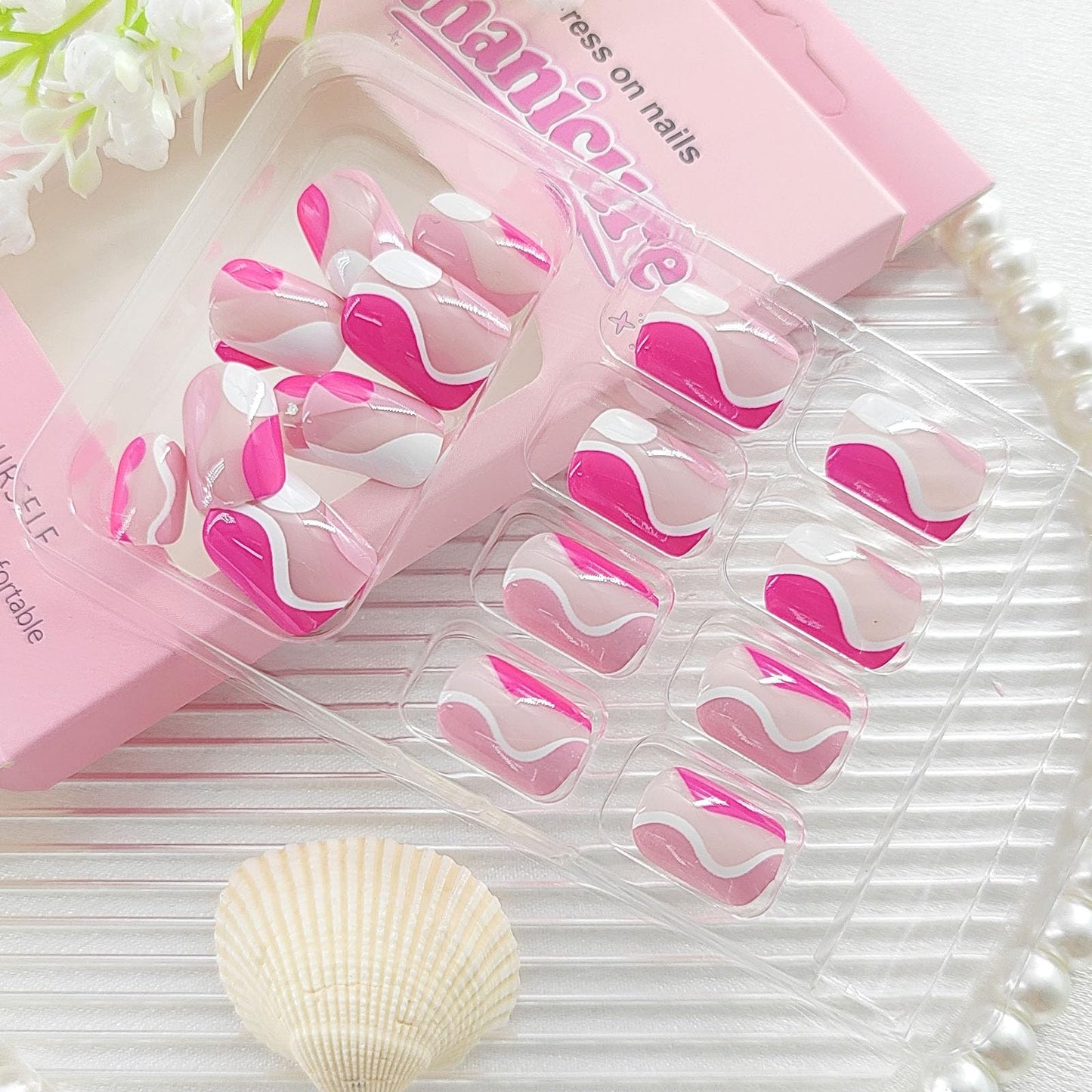 Square Press on Nails Short False Nails Rose Red with White Curve Glue on Nails Nude Full Cover Fake Nails Press ons Glossy Acrylic Nails Artificial Stick on Nails for Women 24Pcs