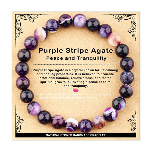 AD Beads 8mm Handmade Purple Stripe Agate Elastic Bracelet – Natural Gemstone for Peace and Tranquility – Meditation, Yoga, Healing and Energy Gift for Men Women