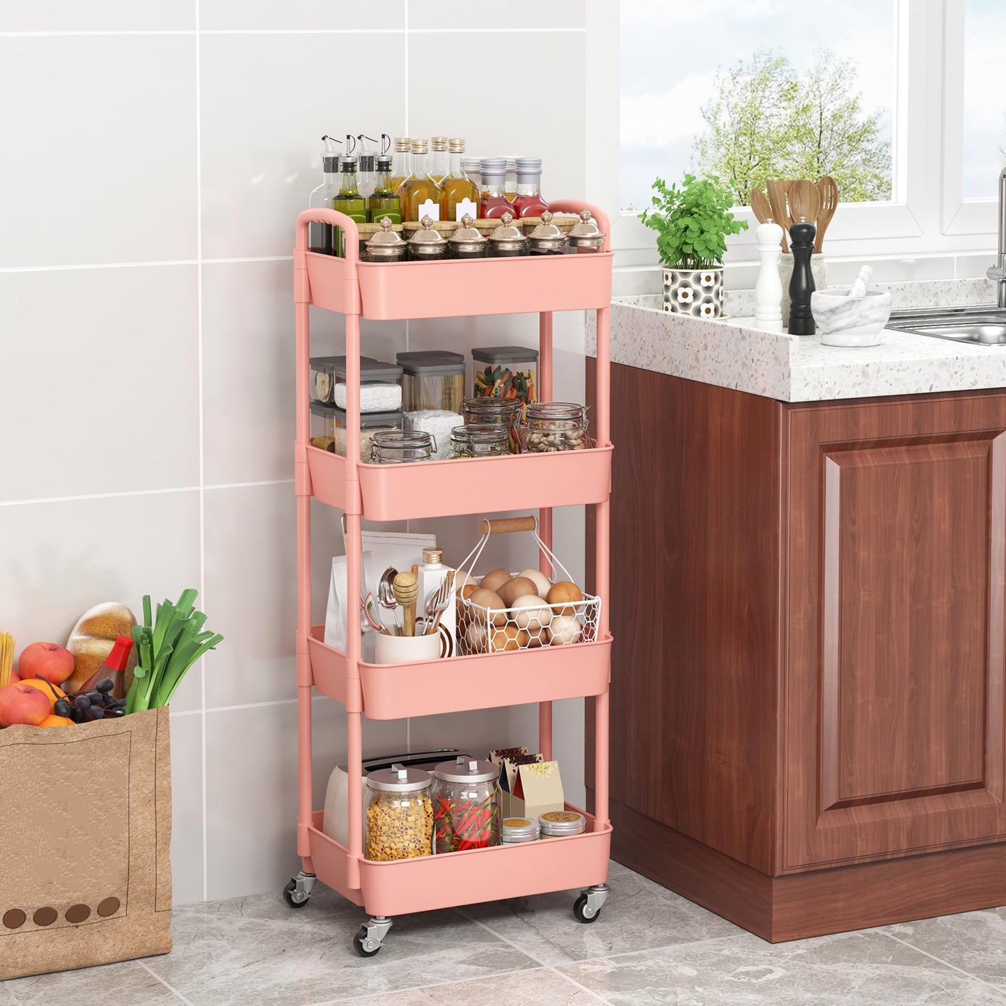 Sywhitta 4-Tier Plastic Rolling Utility Cart with Handle, Multi-Functional Storage Trolley for Office, Living Room, Kitchen, Movable Storage Organizer with Wheels, Pink