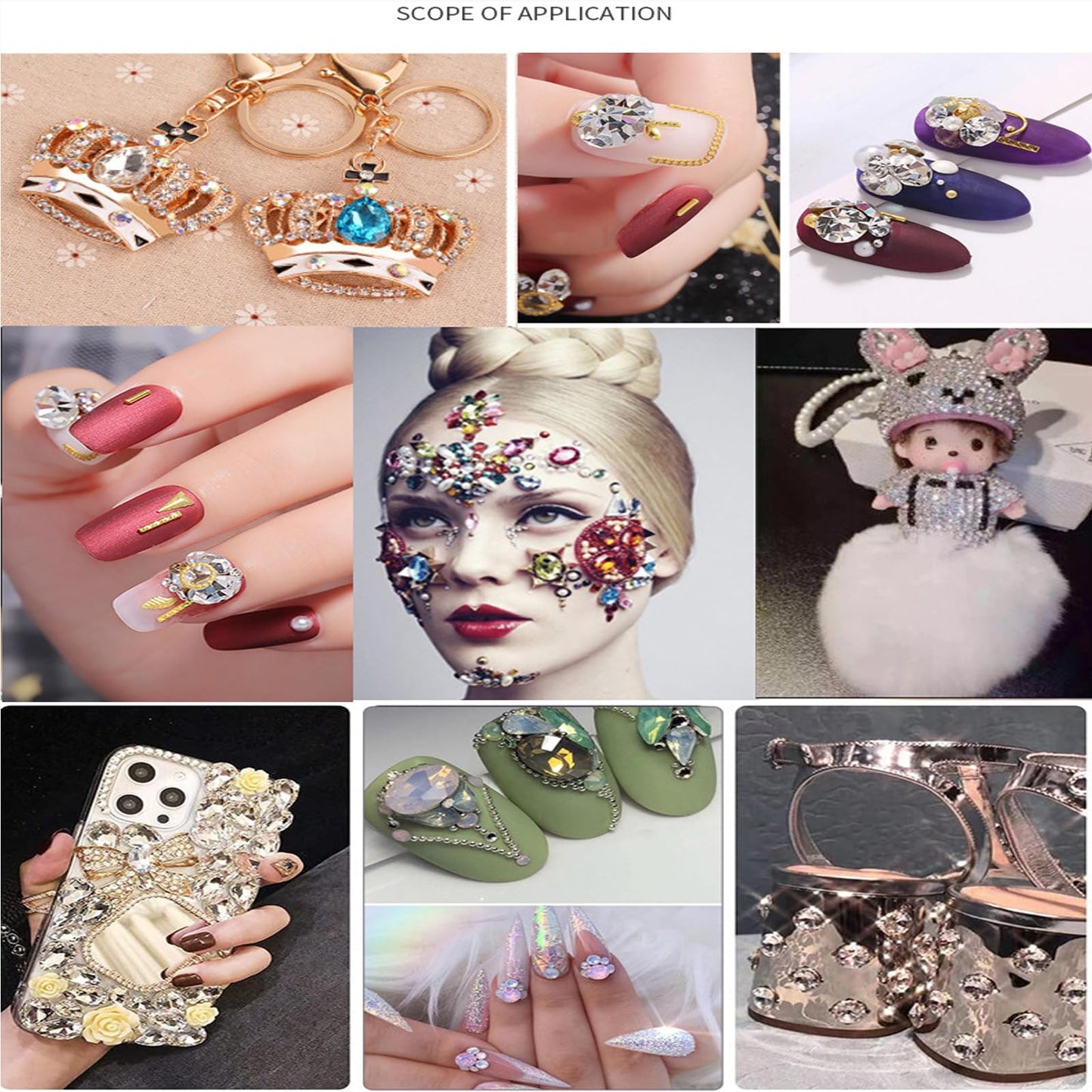 Gold Nail Charms Champagne Nail Gems 3D Clear Flatback Nail Jewels Multi Shape Size Diamonds Nail Rhinestones Shiny Mixed Size Round Hearts Crystals Gems for DIY Nails Faces Eyes Makeup Crafts 12Grid