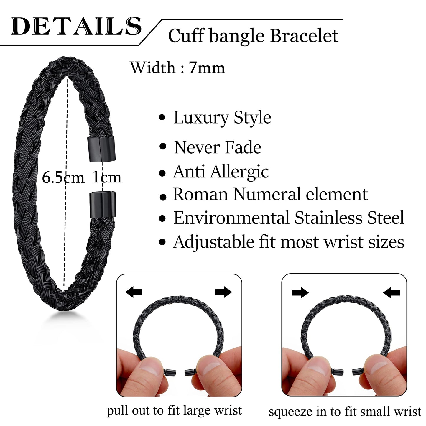 WFYOU 3PCS Stainless Steel Bracelets for Men Gold Roman Numeral Bangle Bracelet Twisted Cable Bracelet Adjustable Cuff Bracelet Mens Luxury Jewelry Bracelets Gifts(F:Black)