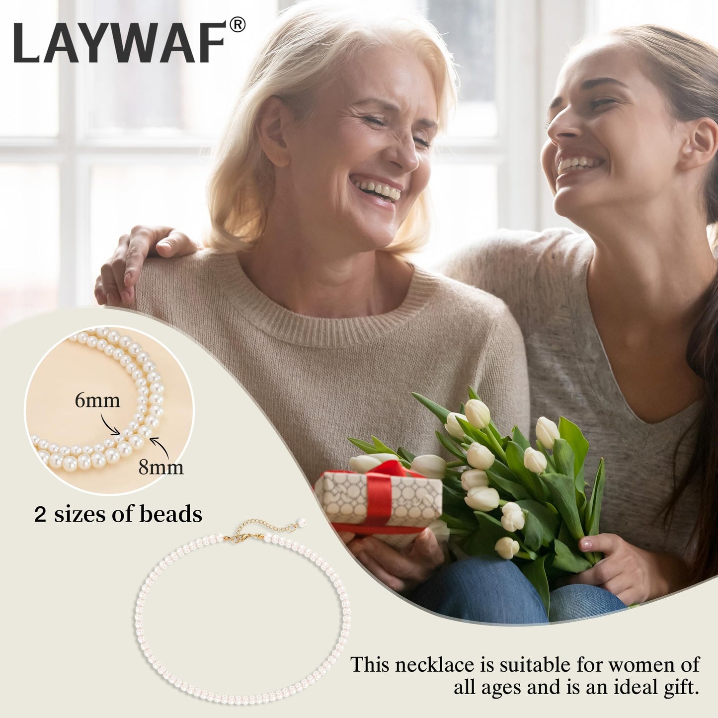 LAYWAF Imitation Pearl Necklaces for Women Mom, 6MM Beaded Necklace, Fake Pearl Choker Necklace, Simple Faux White Pearl Necklace Costume Wedding Jewelry