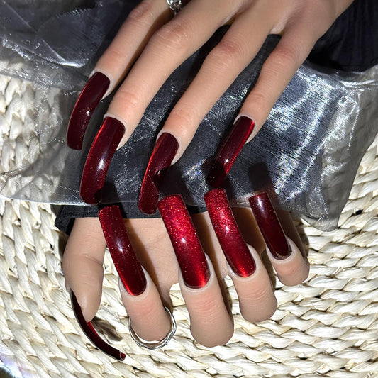 Qicaijia 10Pcs (Size M) XXL Long Curved Handmade Press On Nails - Luxury Red Cat Eye Glitter Acrylic Reusable Stick On Nails for Women’s Manicure