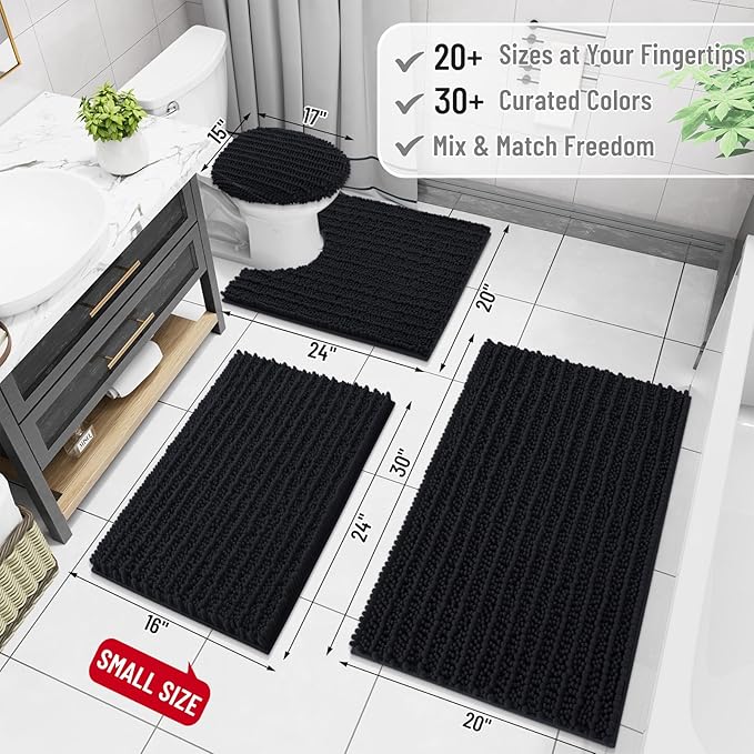 Arotive Luxury Chenille Toilet Rugs U-Shaped, Extra Soft Thick Absorbent Bathroom Mat, Non-Slip Shaggy Plush Contour Rugs, Machine Wash Dry Bath Mat for Toilet Base, 24x20, Black