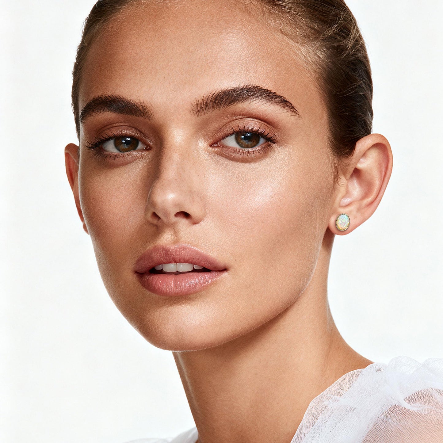 JiayangJY White Fire Opal Stud Earrings for Women 18K White Gold Plated Sterling Silver Oval Shape 5mm Opal Earrings with Push Back