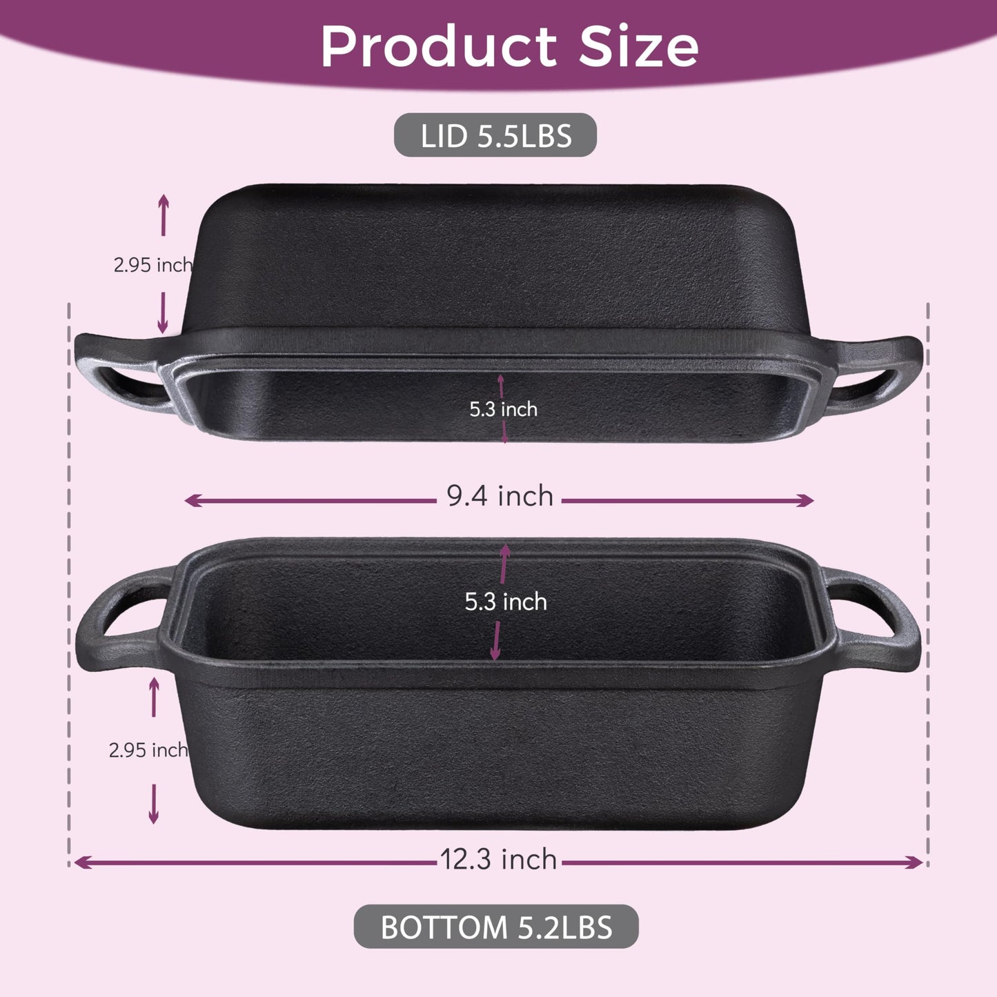 Vanderlume Cast Iron Loaf Pan with Lid 9x5 Inch, 2 in 1 Loaf Pans for Baking Bread, Even Heat Distribution for Sourdough, Homemade Bread