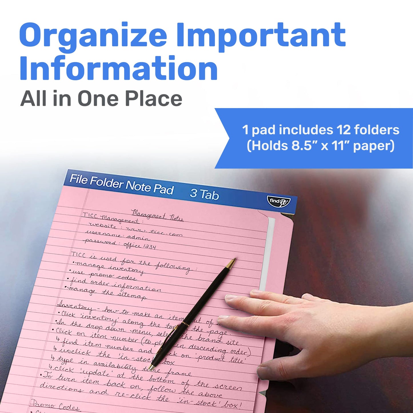 Find It File Folder Notepad - Pack of 12-9.5 x 12.5 Inch Notebook Organizer Folders for Filing, Document, and Clipboard Organization - Pink