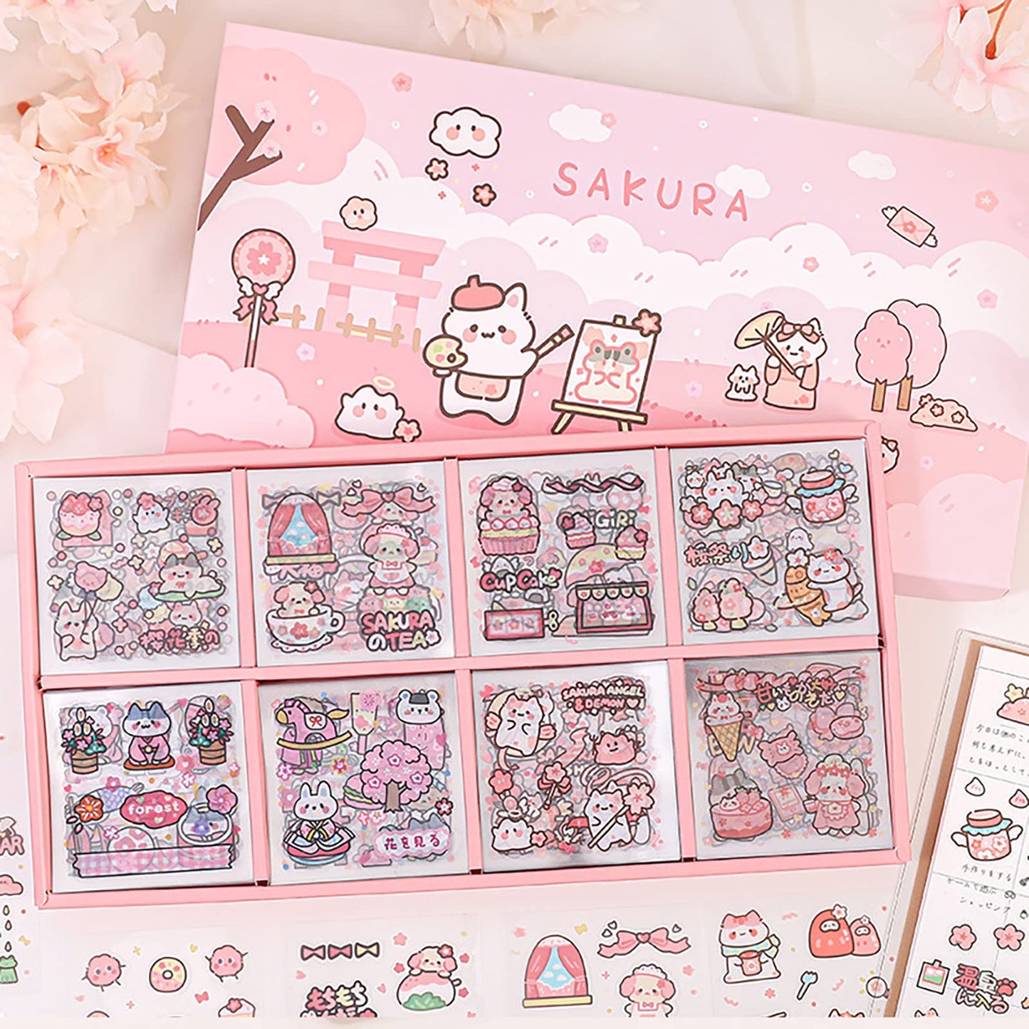 Doraking Kawaii Cute Animal Stickers for Journaling Scrapbooking, Vinyl Transparent Flower Stickers for Water Bottle Laptop, 200 Sheets Aesthetic Sticker Boxed Gifts for Teens Adults