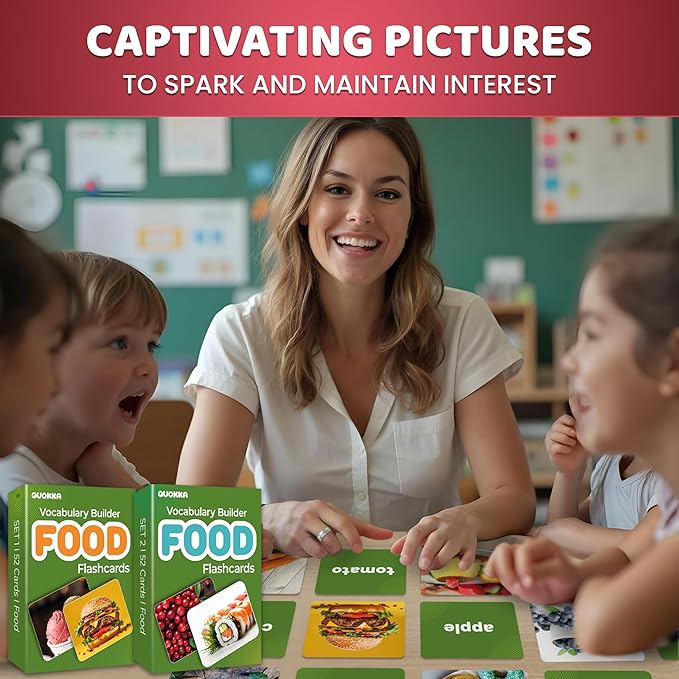 QUOKKA 104 Food Flash Cards Set – Kids and Adults Vocabulary Builder for ABA Therapy, Early Childhood Education, and ESL Teaching – Picture Cards for Speech Therapy and Vocabulary Building Activities