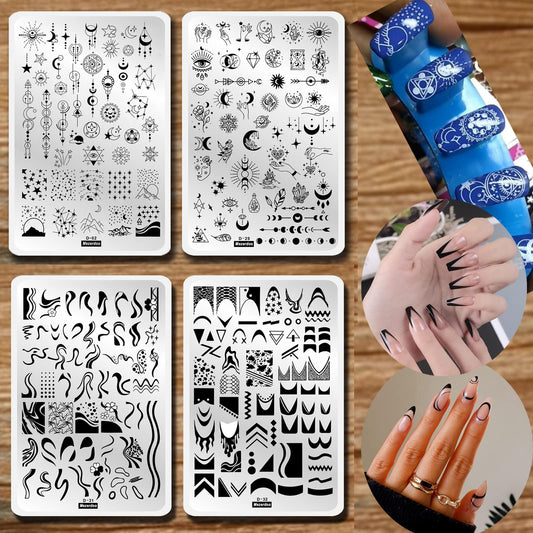 4pcs Large Swirl French Line Nail Stamping Plates French Tip Nail Stamp Plate Starry Star Moon Design Stamping Plates Nail Art Kit Galaxy Night Sky Large Nail Stamp Templates