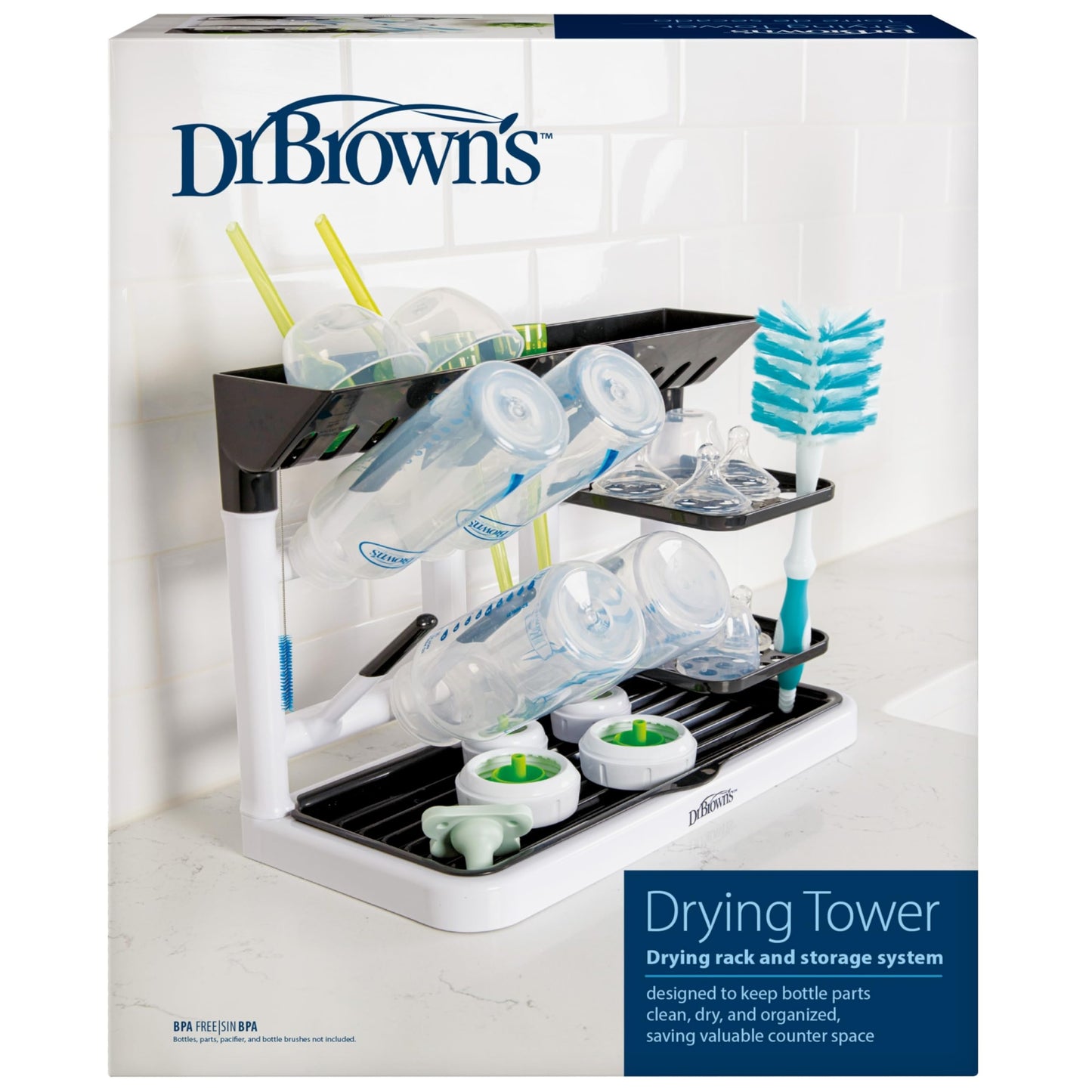 Dr. Brown's Baby Bottle Drying Tower, Stand-Up Countertop Drying Rack with Organized Storage for Baby Essentials, Space Saving Vertical Rack, Black/White