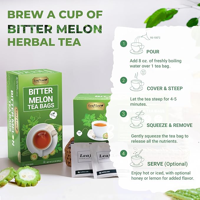 LeafLea 80 Bitter Melon Tea Bags, Premium Dried Momordica Charantia (Melon Amargo, Gohyah) Herbal Fruit Tea | Supports Wellness and Digestion | Caffeine-Free, Sugar-Free, Vegan, Pack of 2