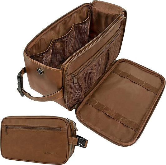 PAVILIA Toiletry Bag for Men, Travel Essentials Shaving Dopp Kit, Mens Travel Bag Toiletries Organizer Case for Grooming, PU Leather Water Resistant Cosmetic Bag Pouch (XL, Brown)