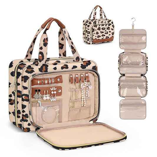 Wedama Toiletry Bag for Women, Hanging Travel Toiletry Bag with Jewelry Organizer Compartment Large Makeup Bag, PVC Waterproof Cosmetic Travel Bag Trips Camping Bathroom, Leopard Print