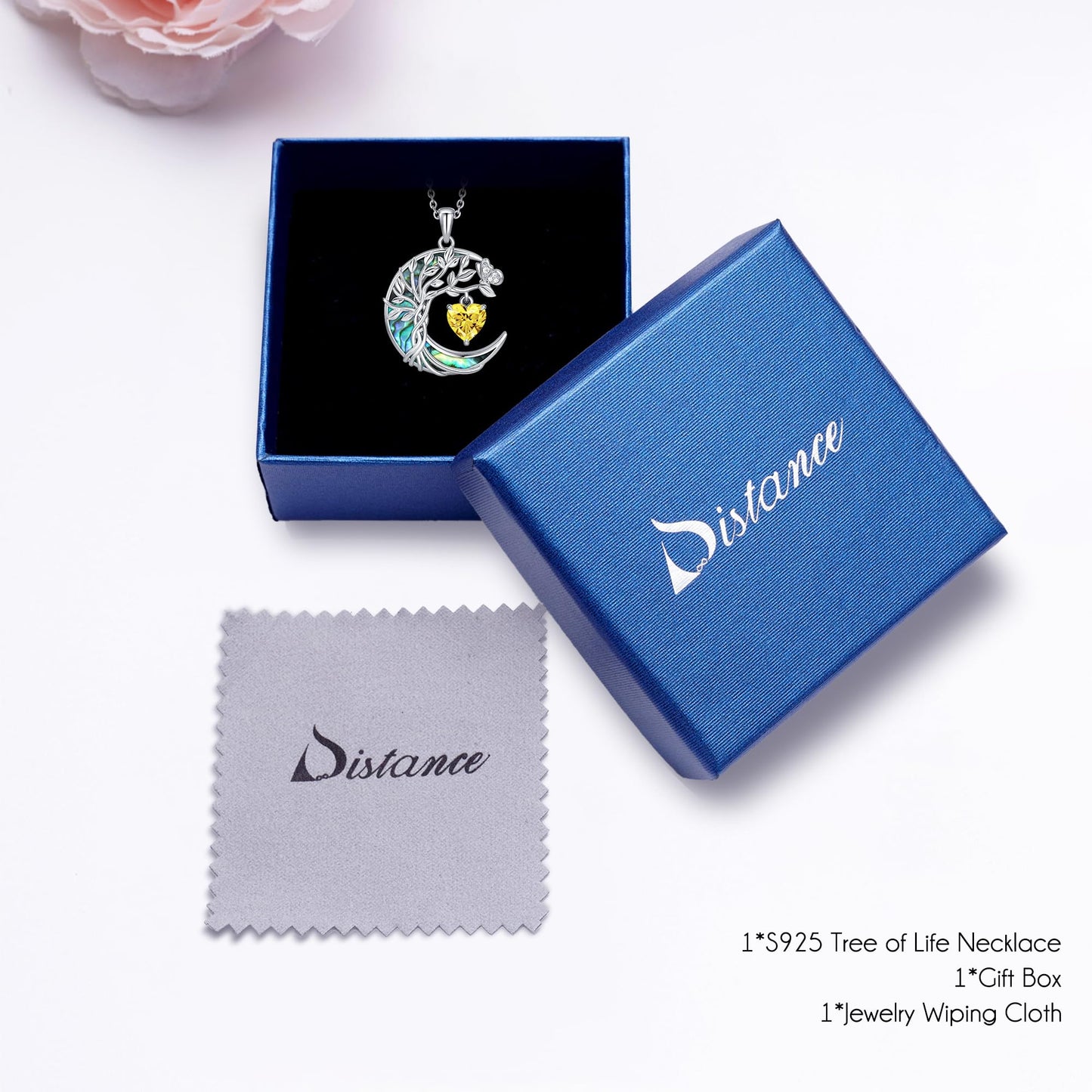Distance Tree of Life Birthstone Necklace for Women, S925 Sterling Silver Premium Abalone Shell Moon Pendant November Heart Birthstone Necklace, Citrine Jewelry Christmas Birthday Gifts for Her Wife