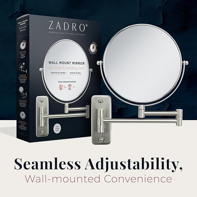 Zadro 7" Wall Mounted Wardrobe, Vanity Makeup Mirror with Magnification & Extending Arm (Large | 12.25" x 12" | 8X/1X, Black)