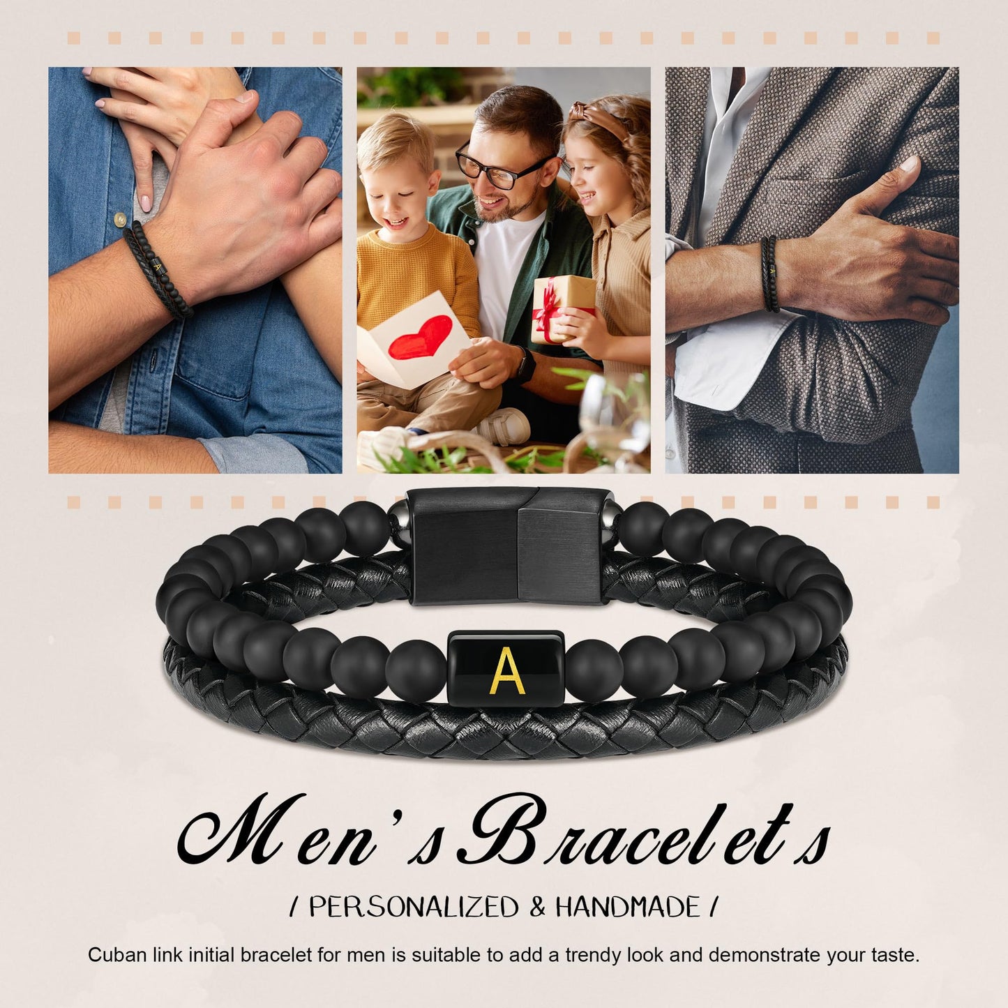 Bracelets for Men - Men Gifts Matte Agate Bead Magnetic Clasp Black Mens Leather Bracelet with Initial Black Mens Leather Bracelets Initial U Bracelet for Men's Jewelry Men's Gifts for Dad Husband Him