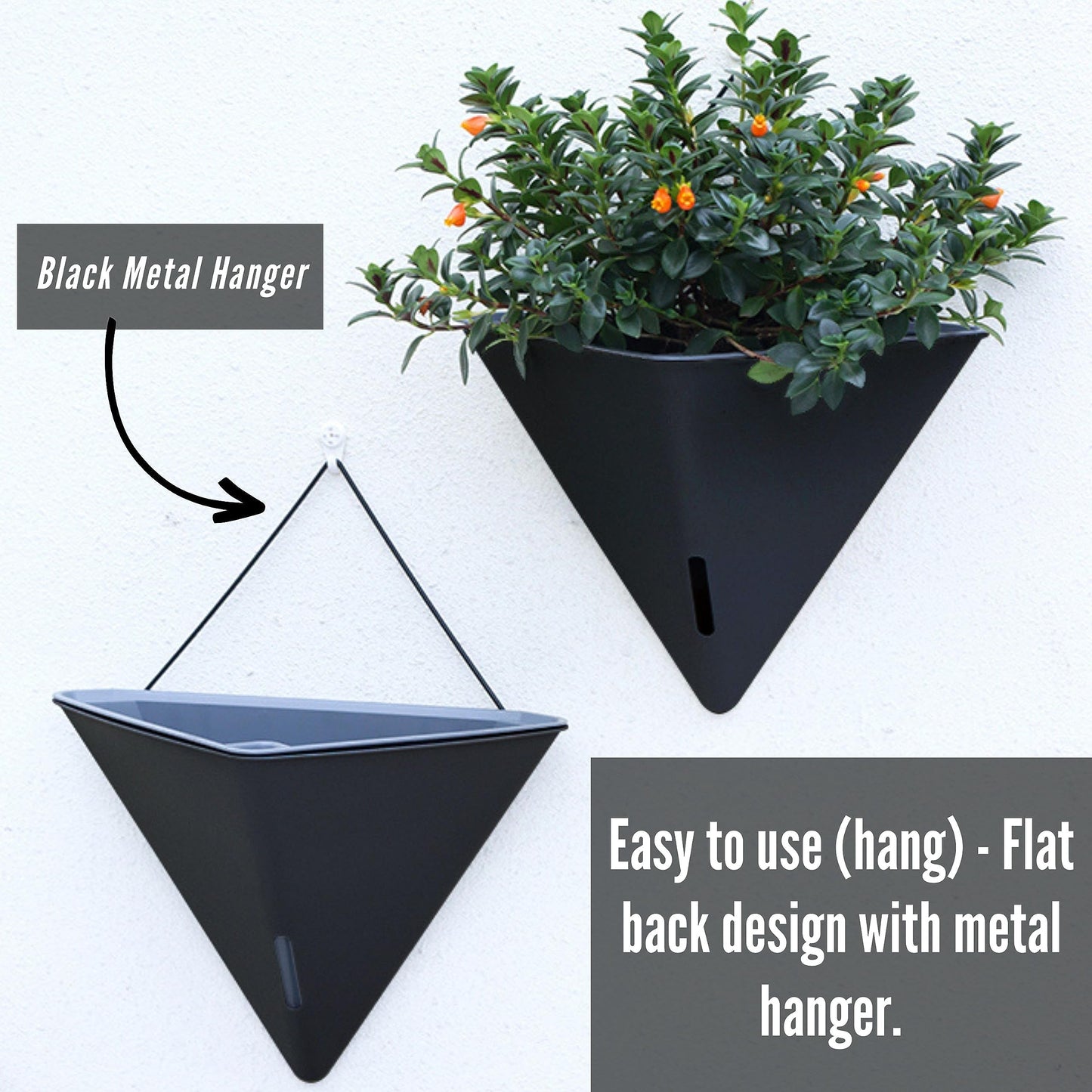LaLaGreen Bundle - 12" x 6 Pack Black + 12" x 2 Pack White Large Self Watering Geometric Hanging Flower Vase Vessel with Metal Hanger, Modern Stylish Wall Mounted Succulent Pot Holder Decor