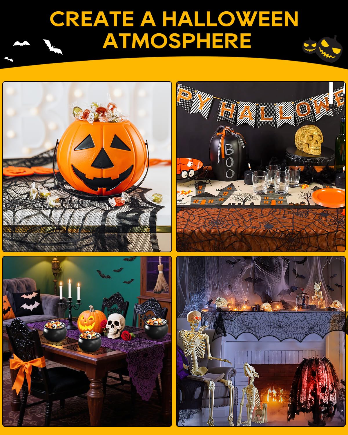 eZAKKA 5 Pack Halloween Decorations Indoor Halloween Spider Web Tablecloth Table Runners Fireplace Mantel Scarf Cobweb Lampshade Scary 3D Bats for Parties Gothic Spooky Home Decoration