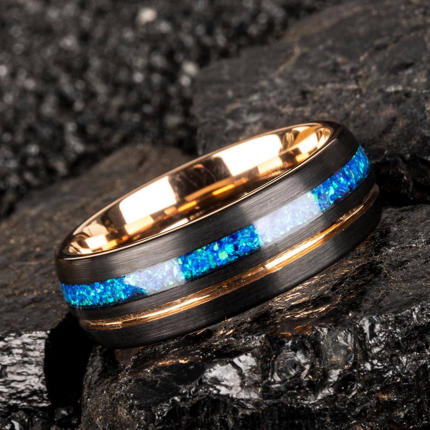 JEWPER 8mm Men Womens Wedding Band Tungsten Rings Black Blue rose gold Fashion Promise Carbide outer ring Inlaid Opal groove design Matte Finish Edge Comfort Fit Size(7)