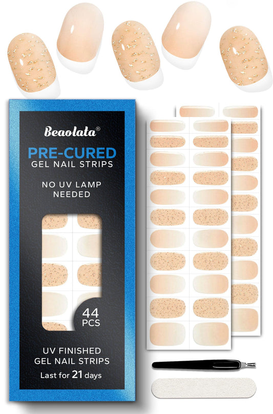 Beaolata Real Gel Nail Strips (No UV Light Needed) - 44Pcs Salon Quality Nail Stickers - Long Lasting Polish Wraps for Women, Easy Apply & Remove (Crush Gold）