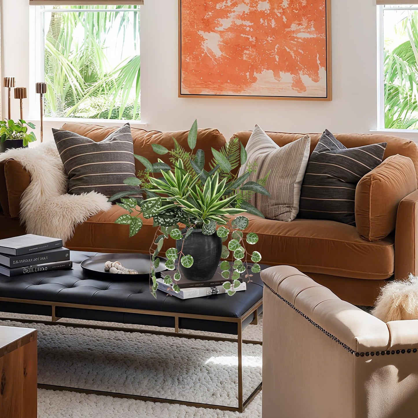 Artificial Greenery Arrangement with Cement Vase, Fake Potted Plants in Rustic Jug Planter, Faux Leaf Bouquet for Table Centerpiece, Farmhouse Home Decor, Dining Room, Living Room, Shelf Decoration