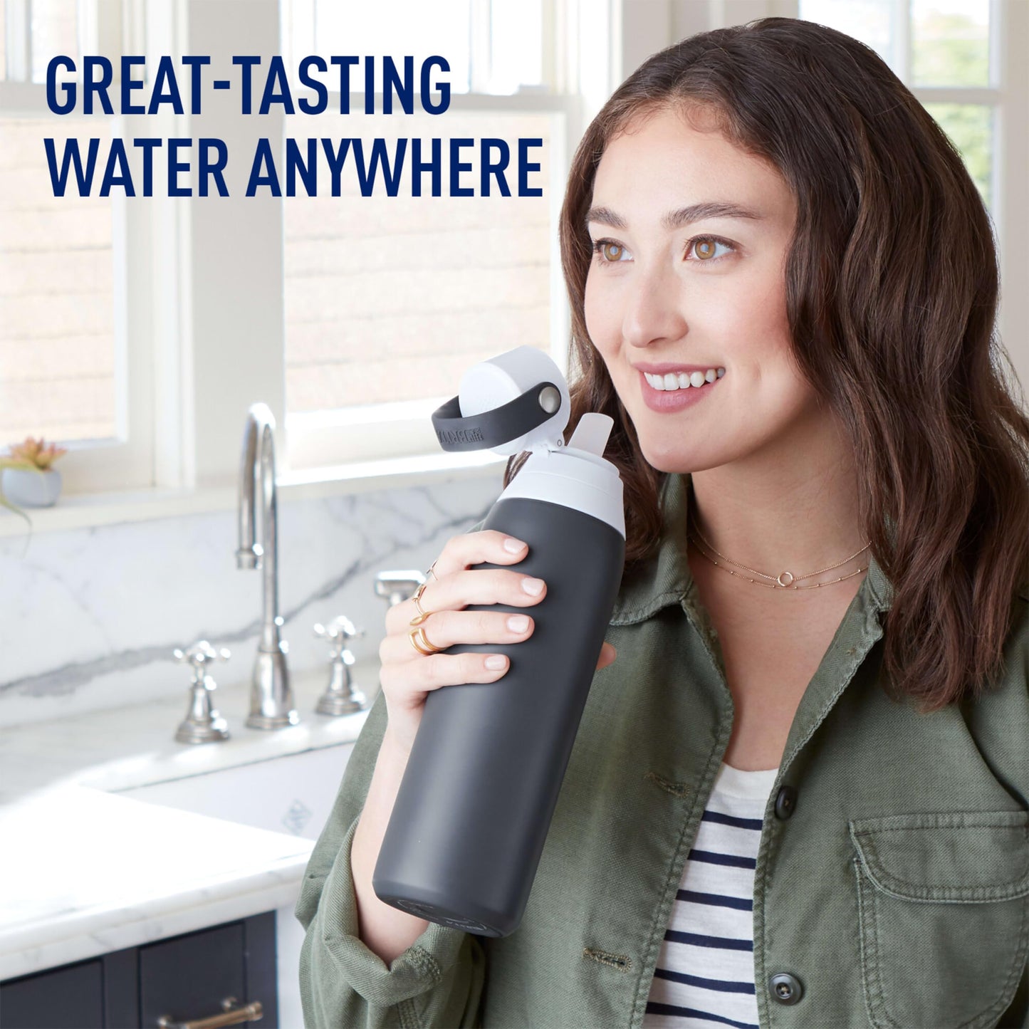 Brita Insulated Filtered Water Bottle with Straw, Reusable, Christmas Gift and Stocking Stuffer For Men and Women, Stainless Steel Metal, Carbon, 20 Ounce