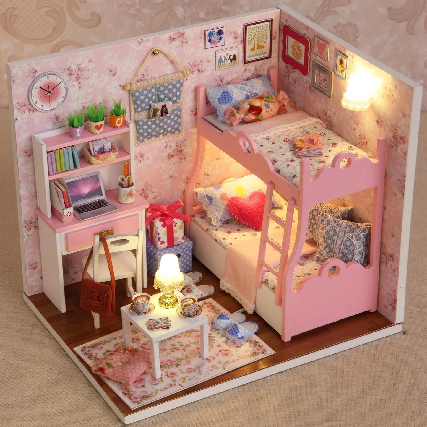 Ogrmar Wooden Dollhouse Miniatures DIY House Kit with Cover and Led Light-Blossom Age