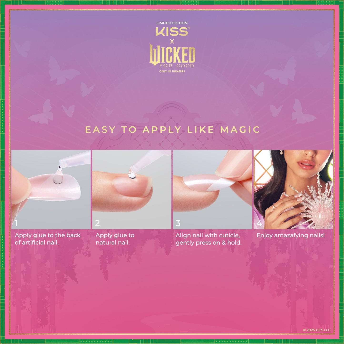 KISS X WICKED: FOR GOOD Press On Nails, ‘Own Your Power’, Black, Short Oval, Waterproof, Chip Proof, Smudge Proof, 28 Fake Nails, Pink Gel Nail Glue (2g), Mini Nail File, & Manicure Stick
