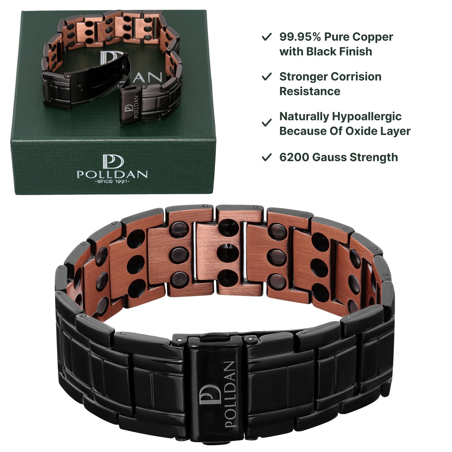 POLLDAN Copper Bracelet 6200 Gauss Power | Mens Bracelet 99.99% Pure Copper | Magnetic Bracelets for Men with Adjustable Fit & Sizing Tool | Stylish Men's Jewelry | Magnet Gifts for Him (3X Power Black Copper)
