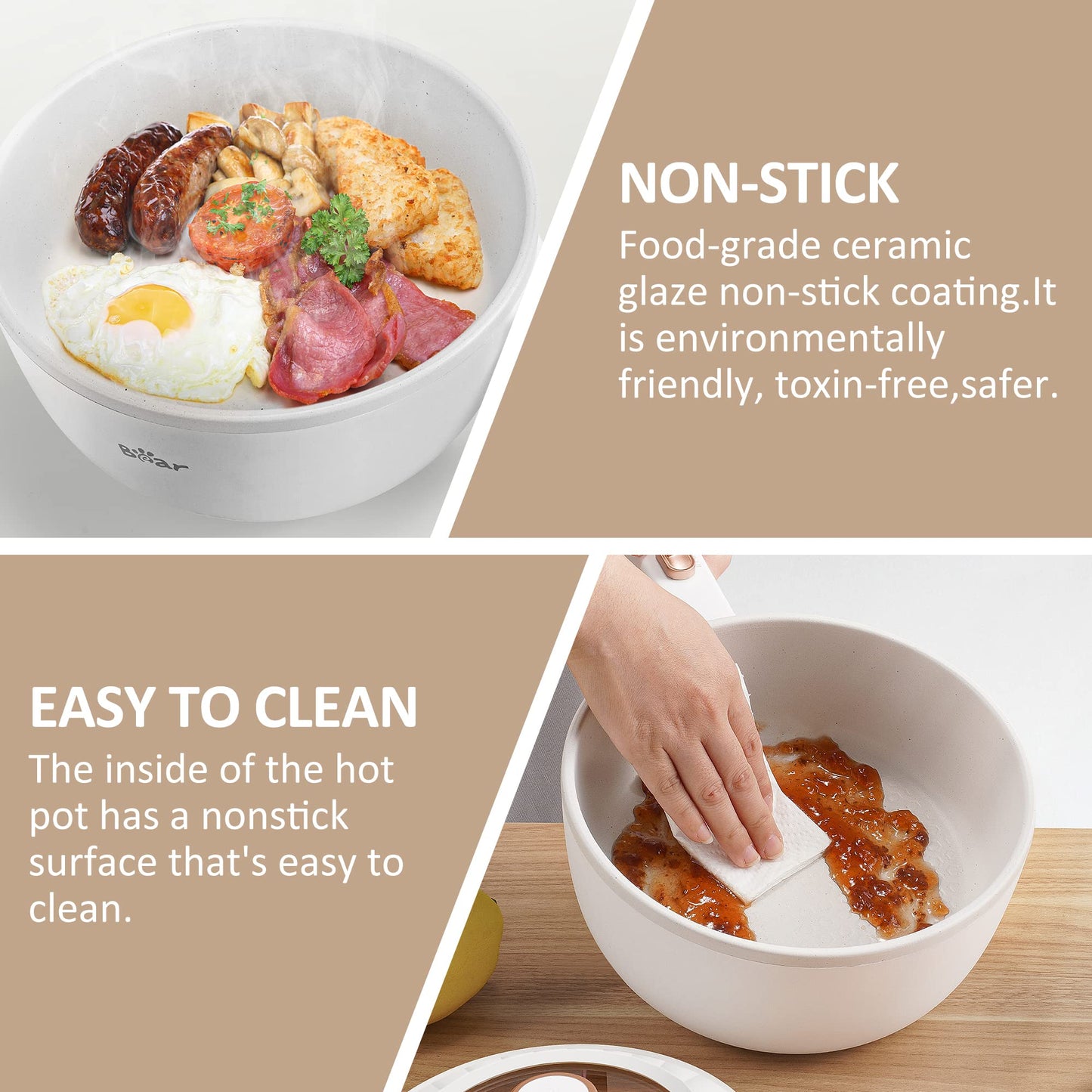 Bear Hot Pot Electric, 2L Multifunctional Portable Cooking Pot, 1000W Rapid Noodles Electric, Non-Stick Frying Pans for Steak, Egg, Ramen, Oatmeal With Dual Power Adjustment