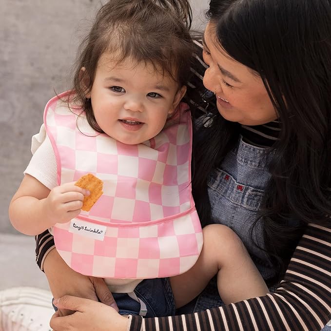 Tiny Twinkle Mess-Proof Baby Bibs for Eating | Waterproof, Wipeable Toddler Bibs with Catch-All Pocket | Feeding Bibs for Girls & Boys(3 Pack,Checkers Girl)