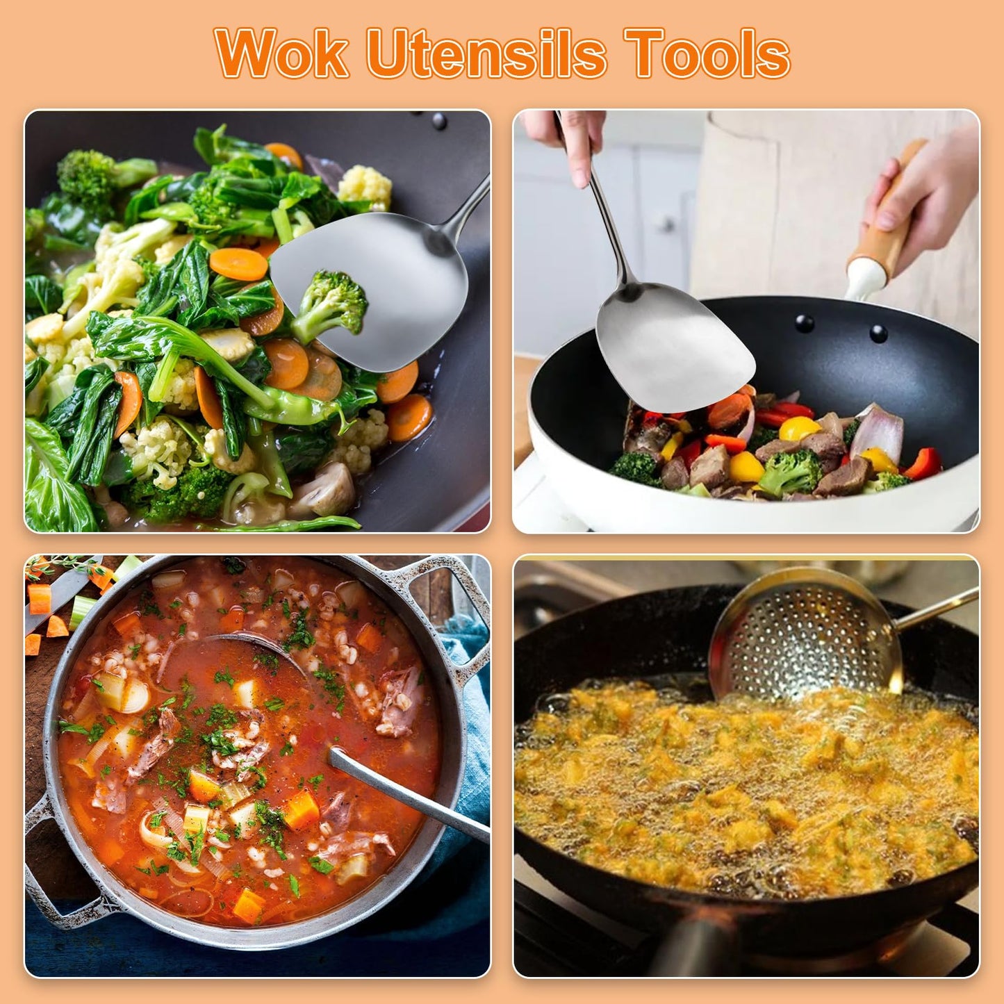 FJNATINH Wok Spatula and Ladle,Skimmer Ladle Tool Set, 17inches Spatula for Wok, 304 Stainless Steel Cooking Utensils