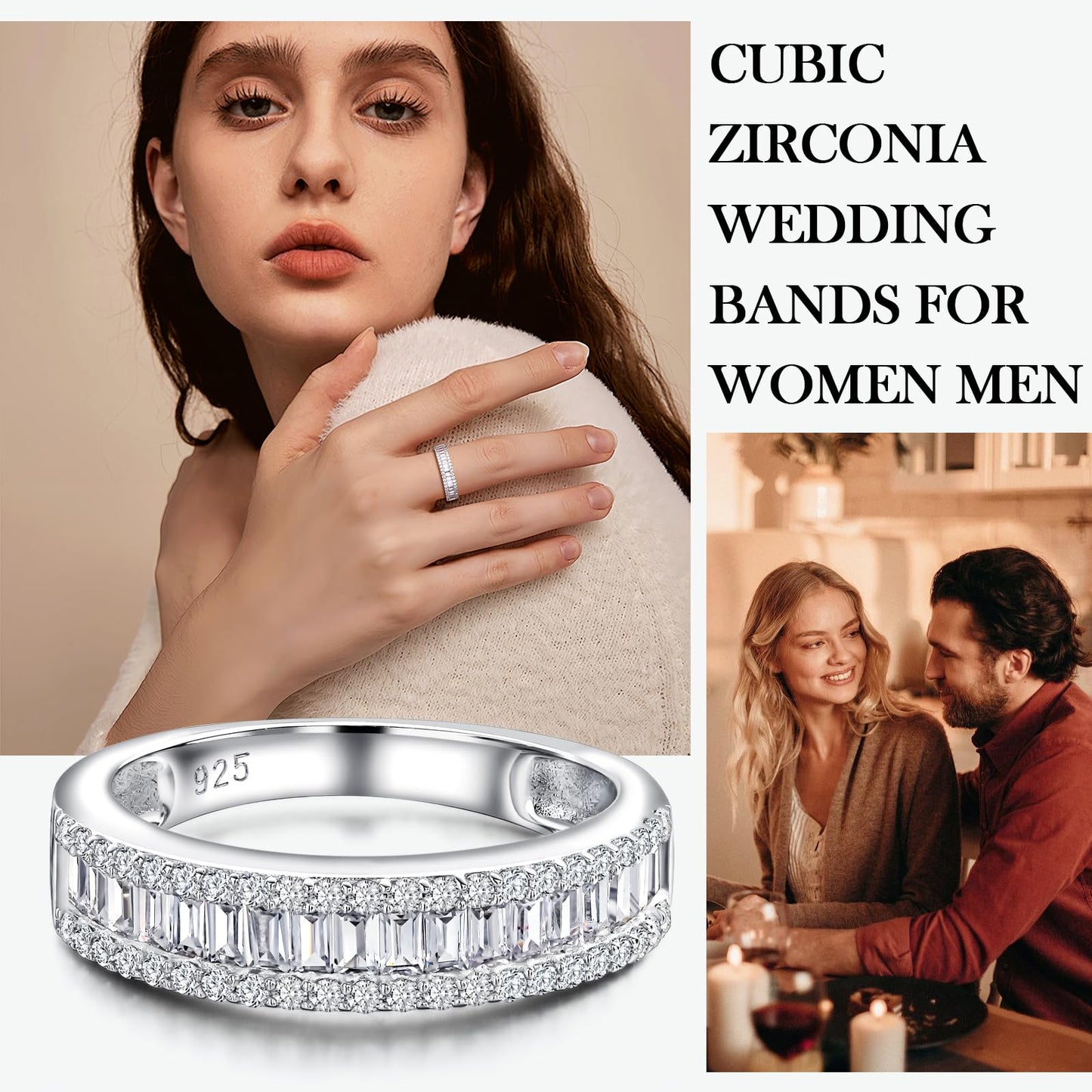 RANDES Cubic Zirconia Eternity Rings for Women Baguette Wedding Band 925 Sterling Silver Channel Set Lab Diamond Ring Size 6.5