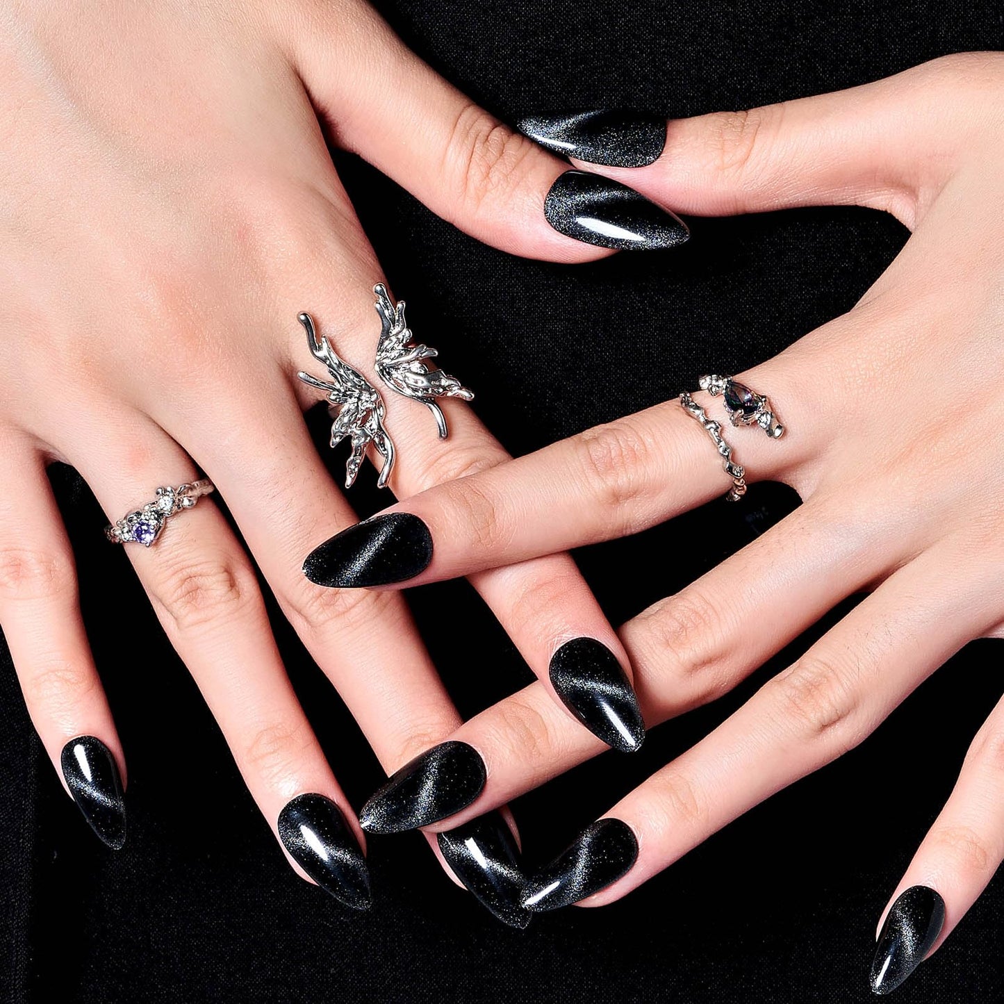GLAMERMAID Black Cat Eye Press on Nails Medium Almond, Handmade Jelly Magnet Gel Fake Nail, Gloss Glitter Magnetic Glue on Nail Short Oval, Reusable Acrylic Stiletto Stick on False Nail Kit for Women