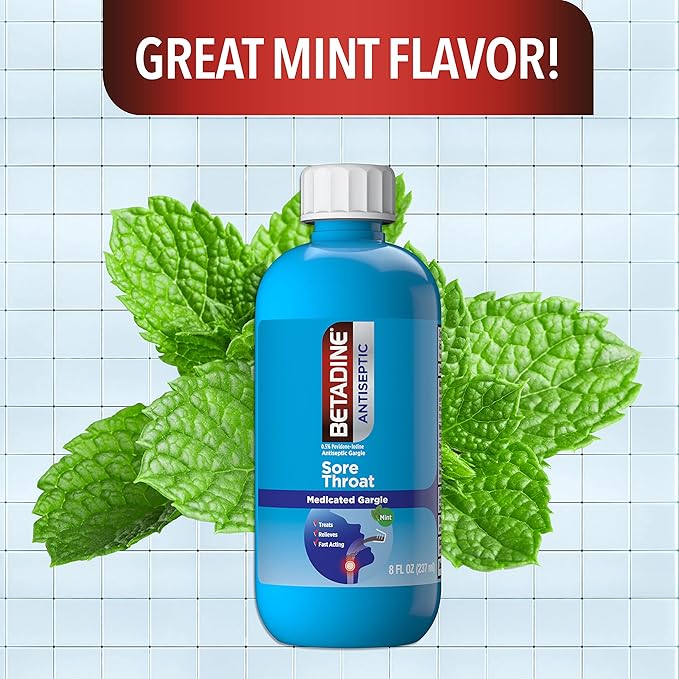 Betadine Sore Throat Relief Gargle, Mint Flavor, Fast Acting Antiseptic, Povidone-Iodine 0.5%, 8 oz (Pack of 2)