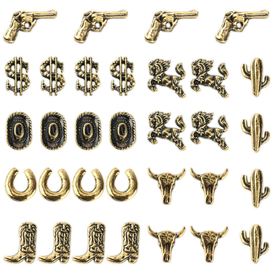 32 PCS Western Nail Charms - LIKEYO Vintage Metal Alloy Cowboy Nail Charms, 3D Gold Cowgirl Western Art Decals, DIY Cowboy Bull Head Manicure Art Decoration Stickers for Women