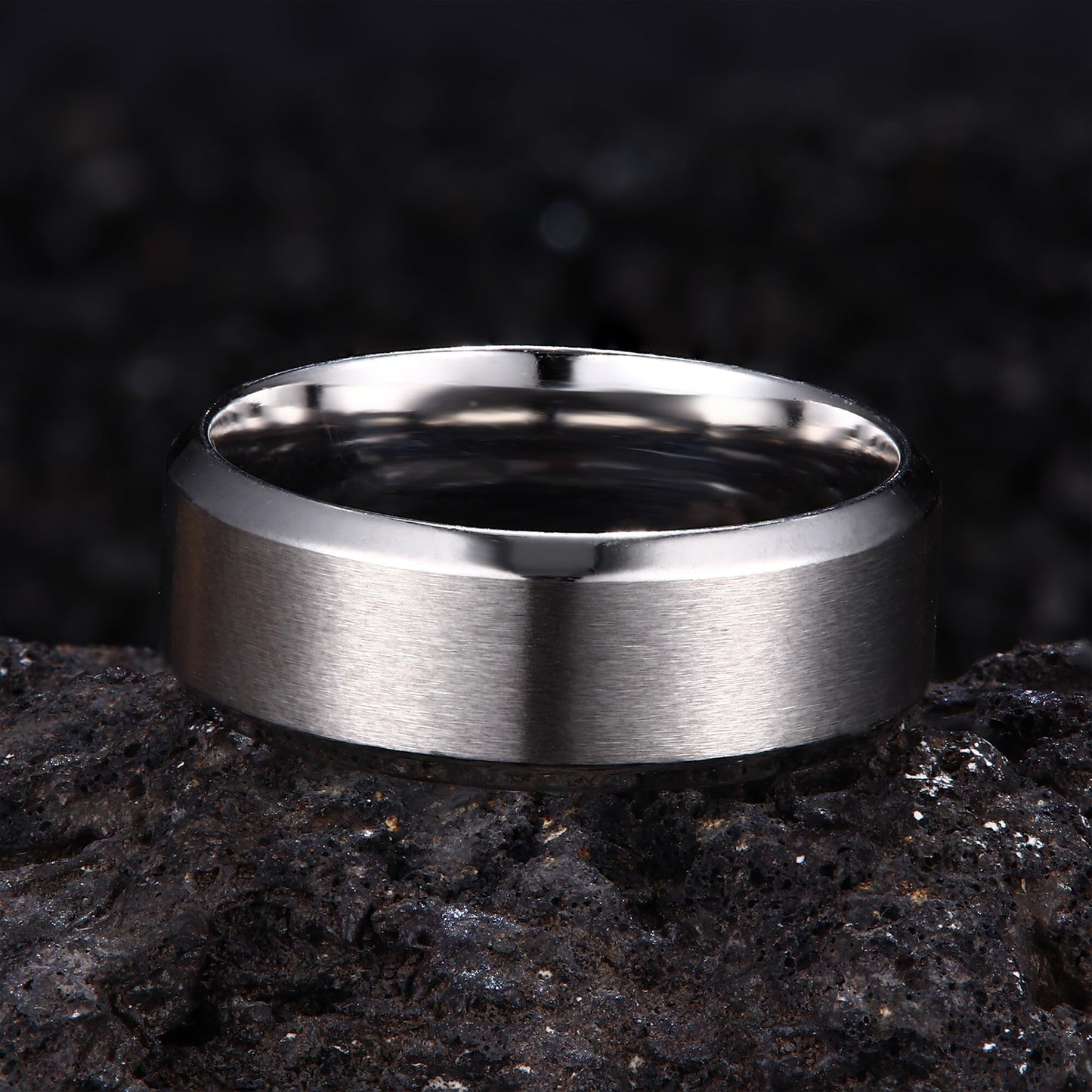 Jstyle Stainless Steel Rings for Men Women 8MM Wedding Band Rings Matte Surface - Beveled Polished Edge Mens Ring Size 9 Silver Plated Ring for Men