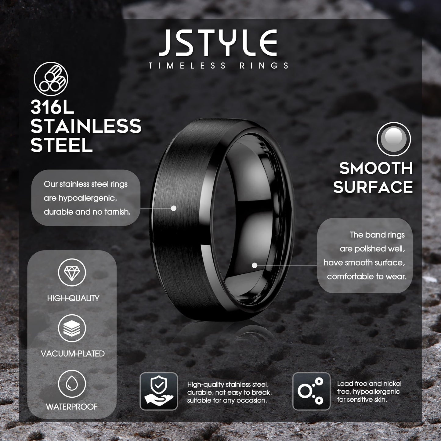 Jstyle Stainless Steel Rings for Men Women 8MM Wedding Band Rings Matte Surface - Beveled Polished Edge Mens Ring Size 6 Black Ring for Men