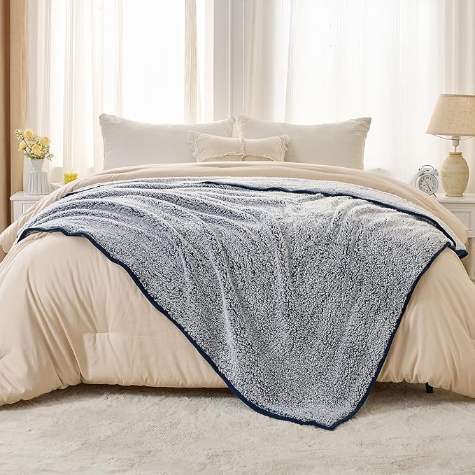 EMME Fuzzy Blanket Soft Fleece Throw Blankets for Women, Fluffy Sherpa Throws(Plush Navy,60"x80")